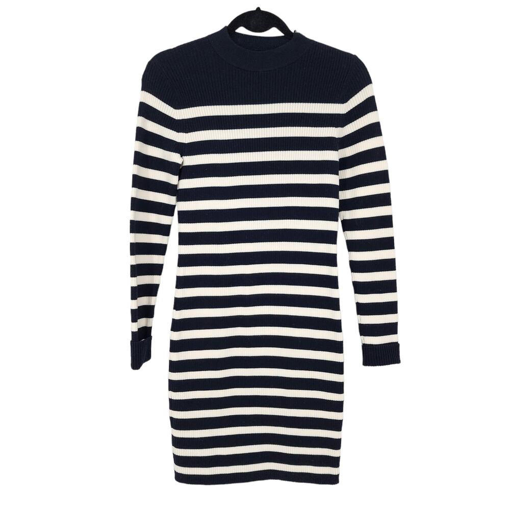 Everlane Navy White Striped Long Sleeve Zip Shoulder Sweater Dress Size Medium
